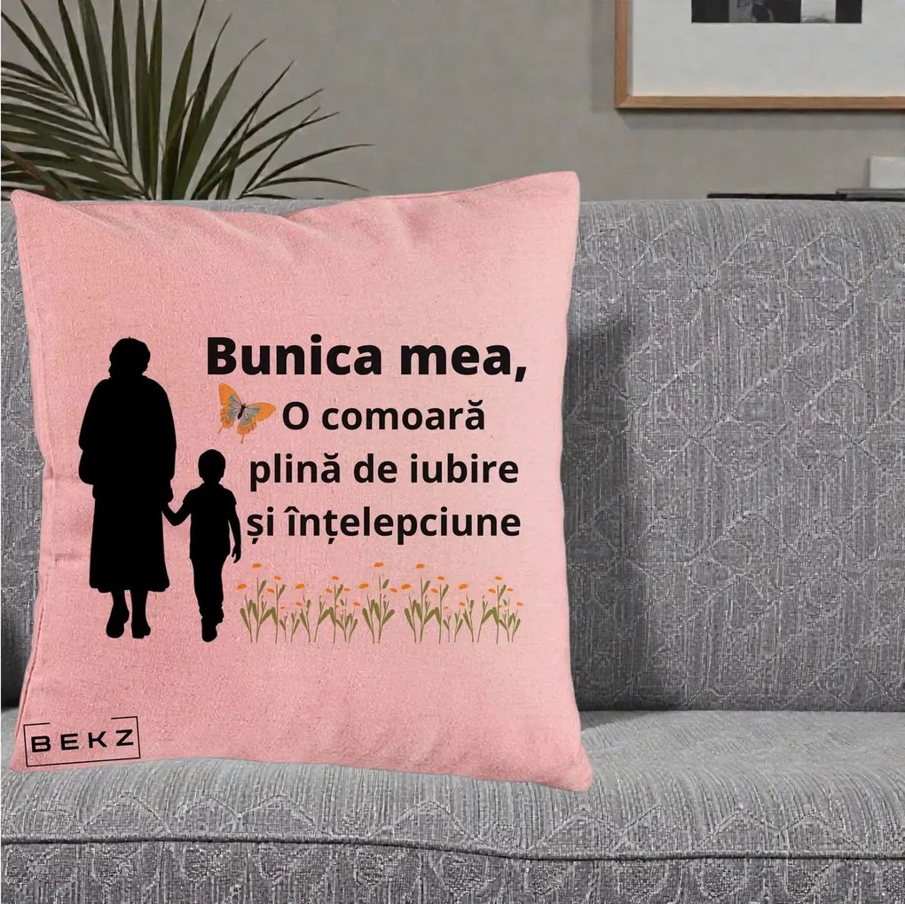 Cadou pentru Bunica - Perna Personalizata Bunica Mea Comoara cu Fluture si Baietel, 40x40 cm, Roz, Husa Detasabila, Perna Inclusa, BEKZ®