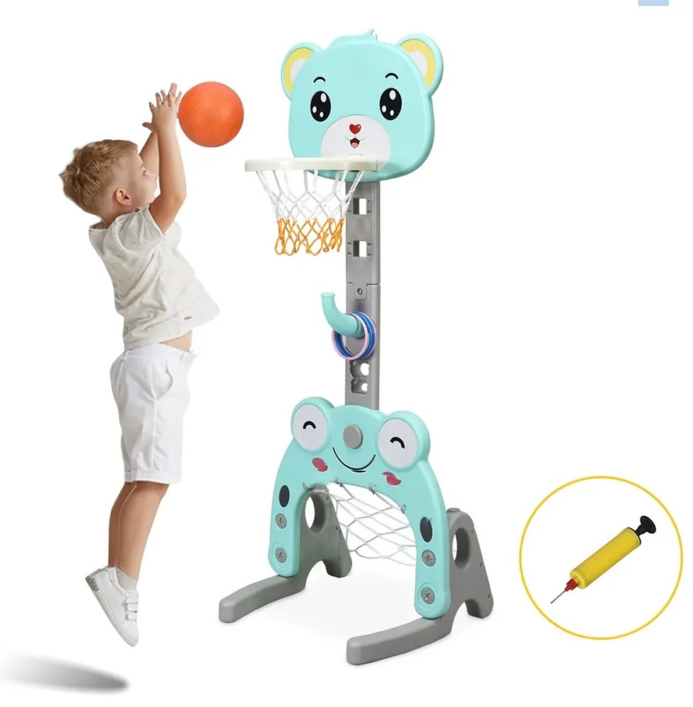 Panou de baschet 3 în 1 cu înălțime reglabilă și joc de aruncare inele, albastru