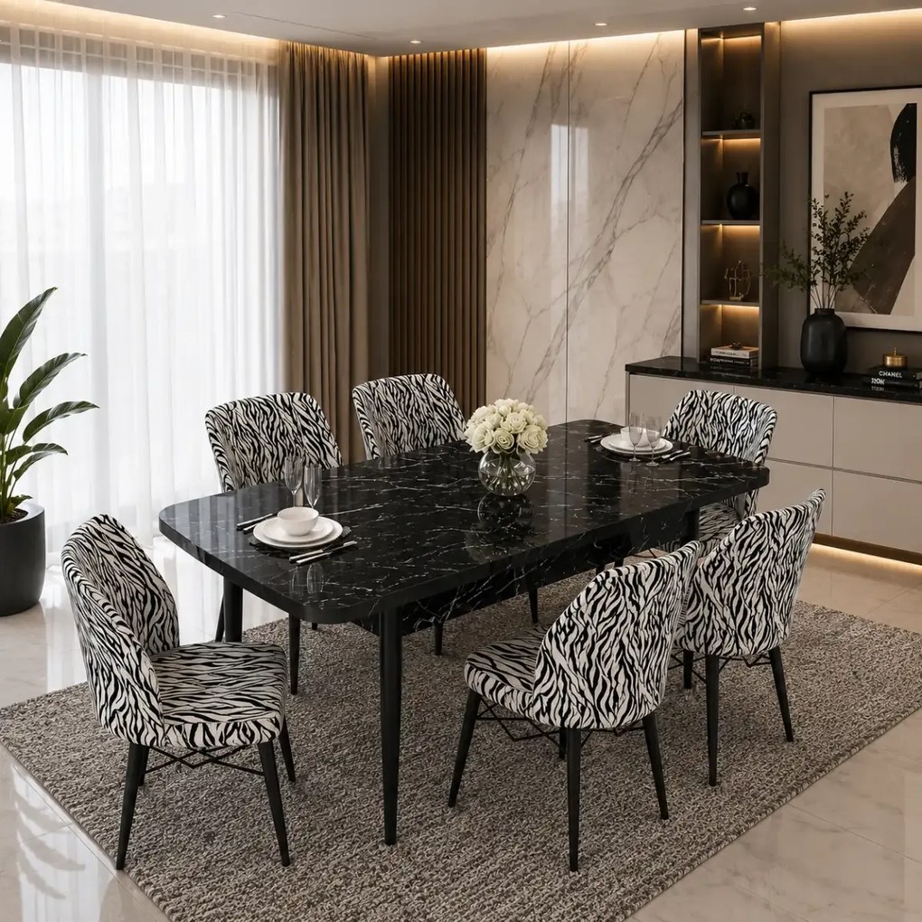 Set masa extensibila cu 6 scaune tapitate Homs zebra 250-300355,170 x 80 cm
