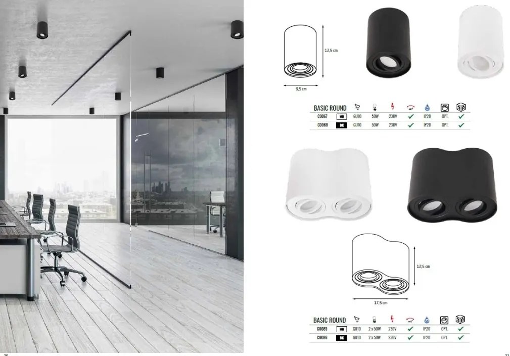 Plafoniera aplicata cu 2 spoturi directionabile, BASIC ROUND II BK