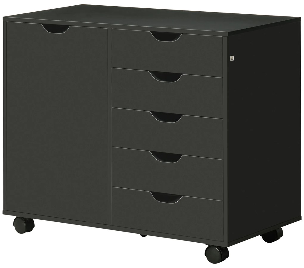 HOMCOM Cazior de birou cu 5 sertare 1 ușă raft reglabil, suport imprimantă pe role, 78x40x66,5 cm, negru | Aosom Romania