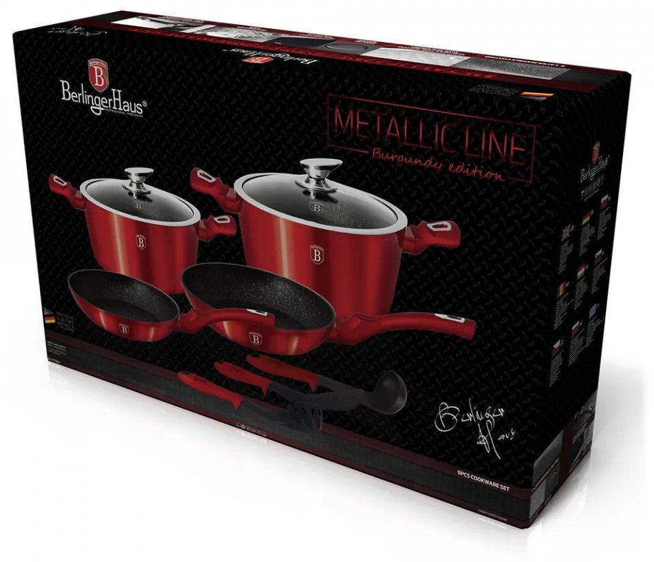 Set oale si tigai marmorate (9 piese) din aluminiu forjat Burgundy Metalic Line Berlinger Haus BH 1228N
