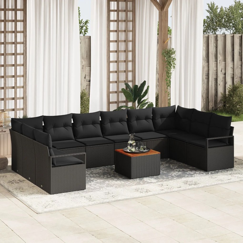 Set de canapea de grădină cu 11 piese cu perne Negru Poliratan Acacia