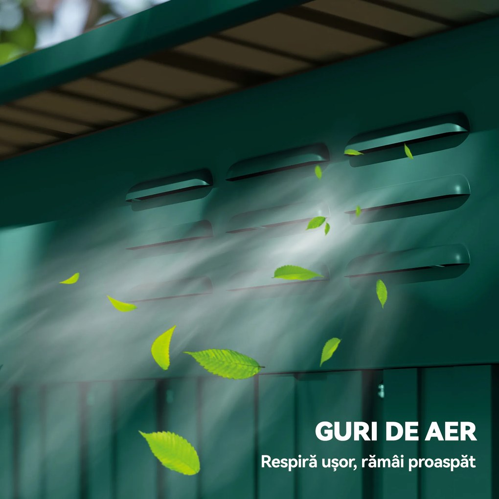 Outsunny Căsuță de Grădină 1.37m² din Metal, Montare Ușoară, Spațiu de Depozitare Unelte Grădină cu Ventilație, Ușă Culisantă, Acoperiș Înclinat și Mănuși, 159x106x181 cm, Verde | Aosom Romania