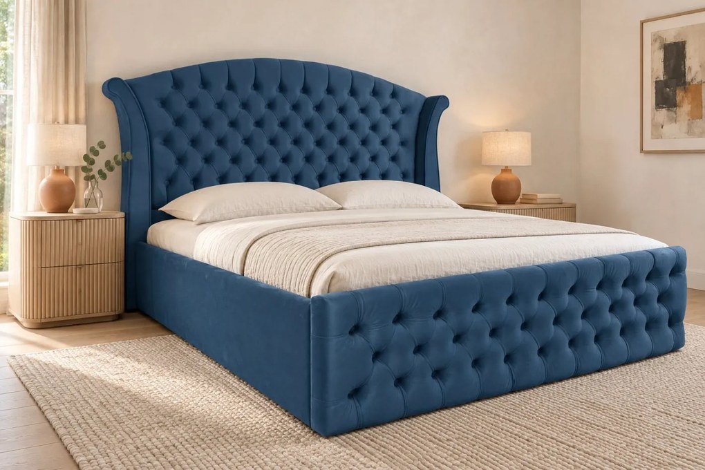 Pat tapițat Chesterfield din catifea Sorella Simple 140×200 cm, albastru, cu ladă de depozitare