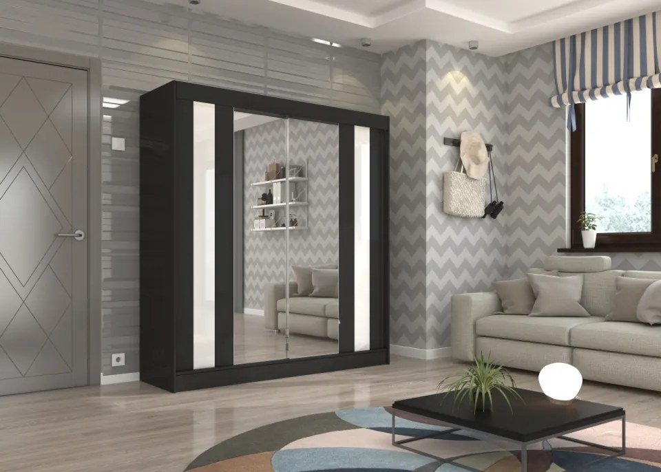 Dulap cu usi glisante si oglinda 200x215 cm, Keita, ADRK Furniture (Culoare: Alb / Negru Lacobel)