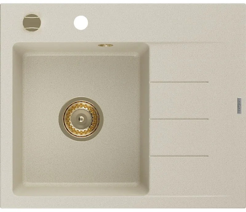 Mexen Ben chiuvetă de granit cu 1 compartiment cu scurgător, stânga 600 x 500 mm, bej, sifon auriu - 6522605000-69-G
