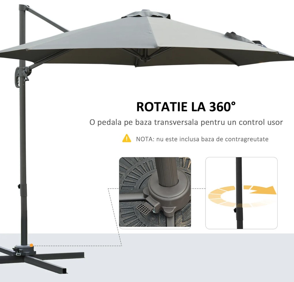 Outsunny Umbrel de Gradină cu Manivelă cu Înclinare Reglabilă, Umbrelă cu Braț și Stinghii, Ø2.95x2.5 m, Gri | Aosom Romania