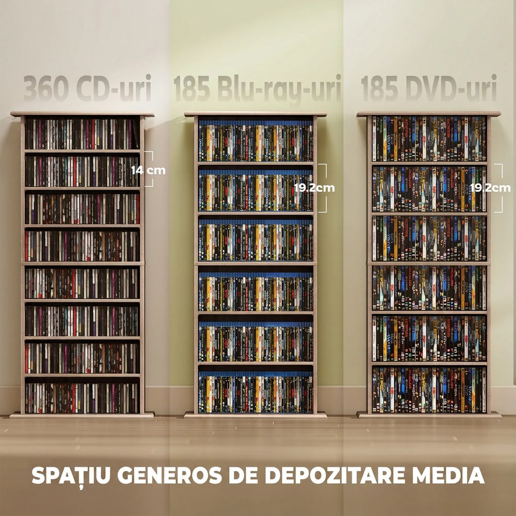 HOMCOM Raft pentru CD-uri cu 6 rafturi reglabile, capacitate 360 CD/185 DVD, 58 x 24 x 126,3 cm, culoare lemn | Aosom Romania