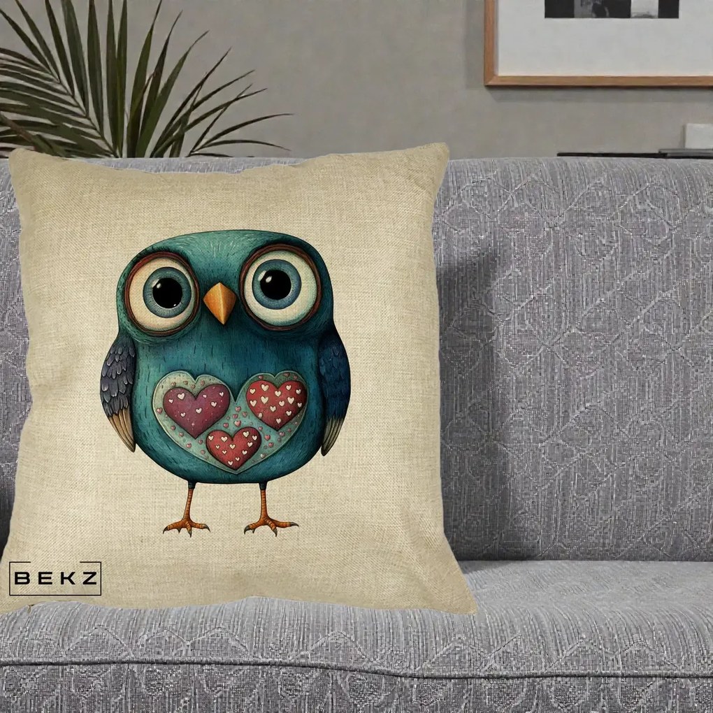 Perna Decorativa Bufnita Teal cu Doua Inimi, 40x40 cm, Crem, Husa Detasabila, Perna Inclusa, BEKZ®