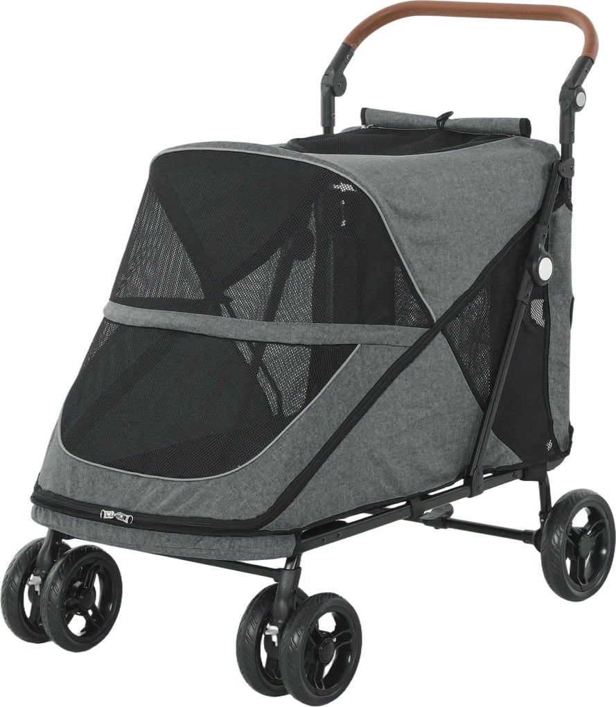 PawHut Cărucior pliabil pentru câini buggy pentru câini mari până la 30 kg cu roți rotative 360° fereastră din plasă pernă mâner reglabil Gri | Aosom Romania