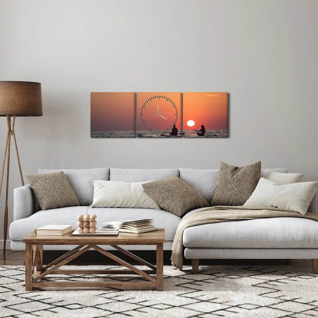 Tablou cu canoiști în apus de soare (cu ceas) (90x30 cm)