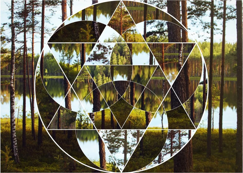 Tablou pe sticlă - Colaj geometric pe fundalul pădurilor nordice (70x50 cm)