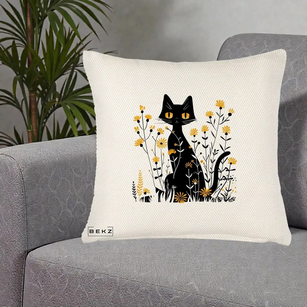 Perna Decorativa Pisica Neagra Ochi Galbeni Flori Galbene, 40x40 cm, Crem Reliefat, Husa Detasabila, Perna Inclusa, BEKZ®