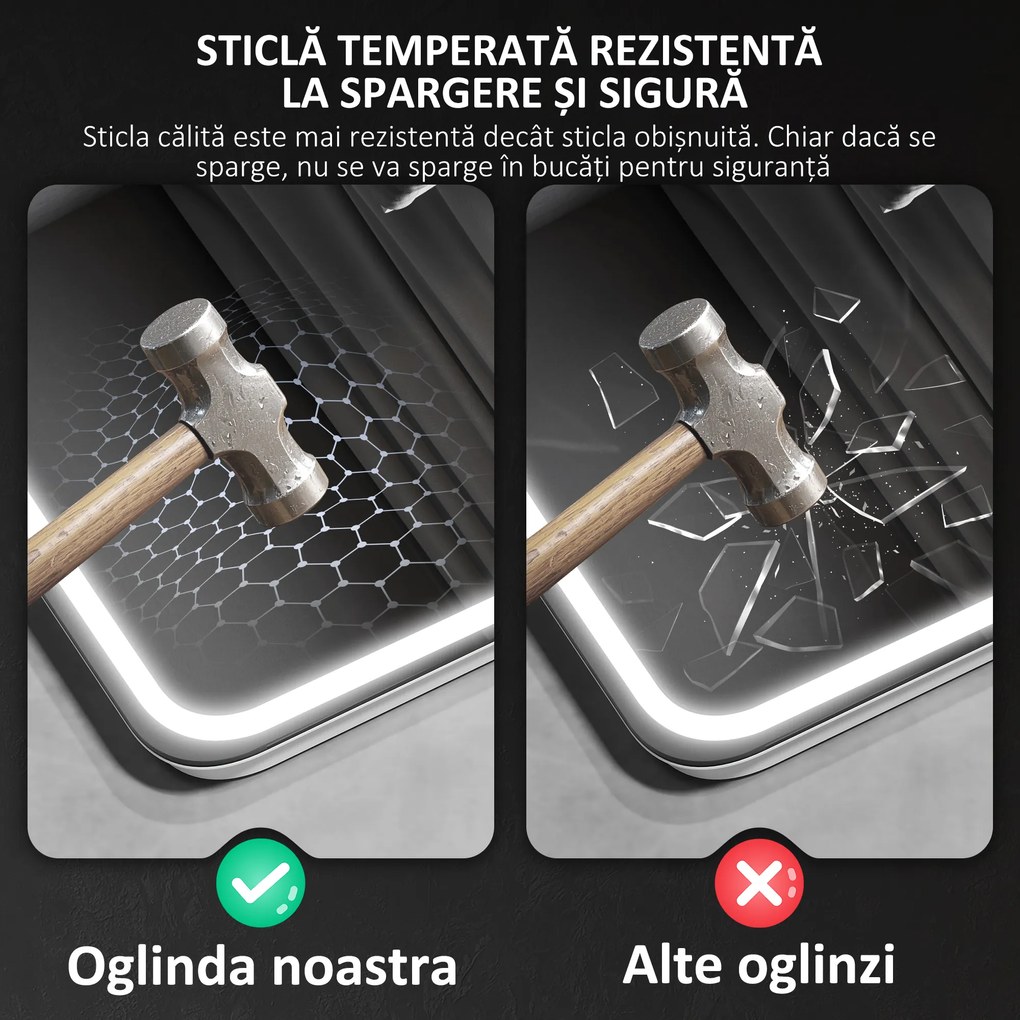 HOMCOM Oglindă de Baie Bluetooth LED 50 x 70 cm cu Anticeață - Argintiu | Aosom Romania