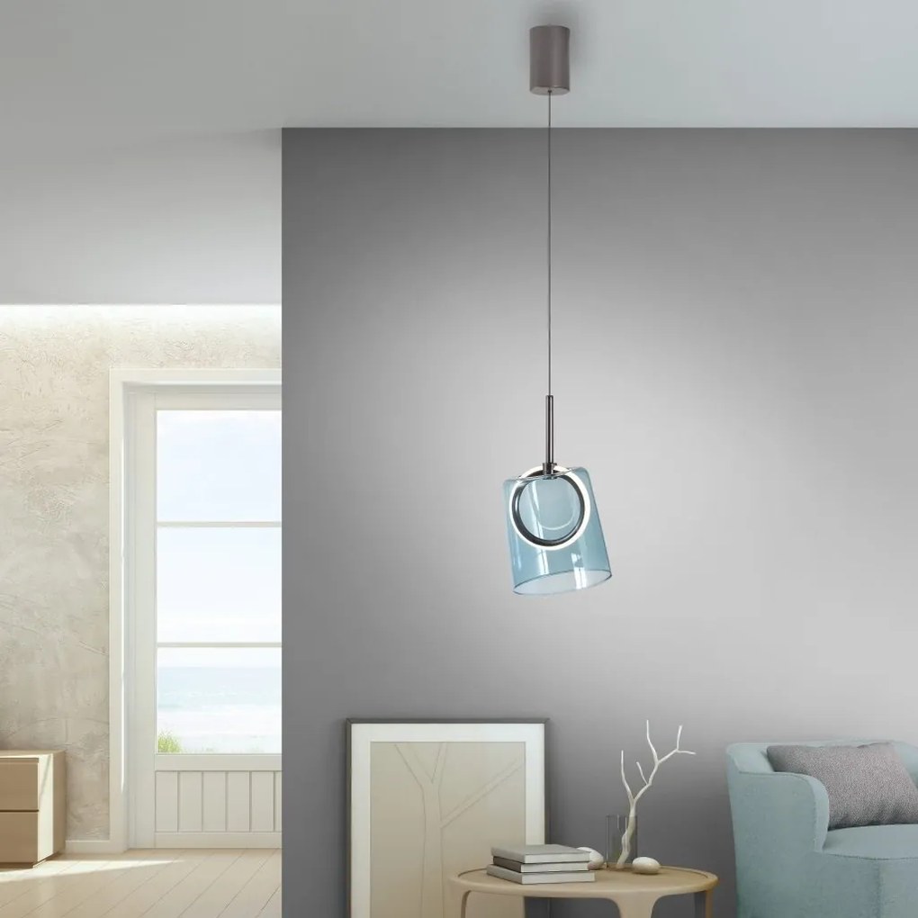 Pendul modern LED 3000K, inaltime reglabila, sticla, albastru, Zula