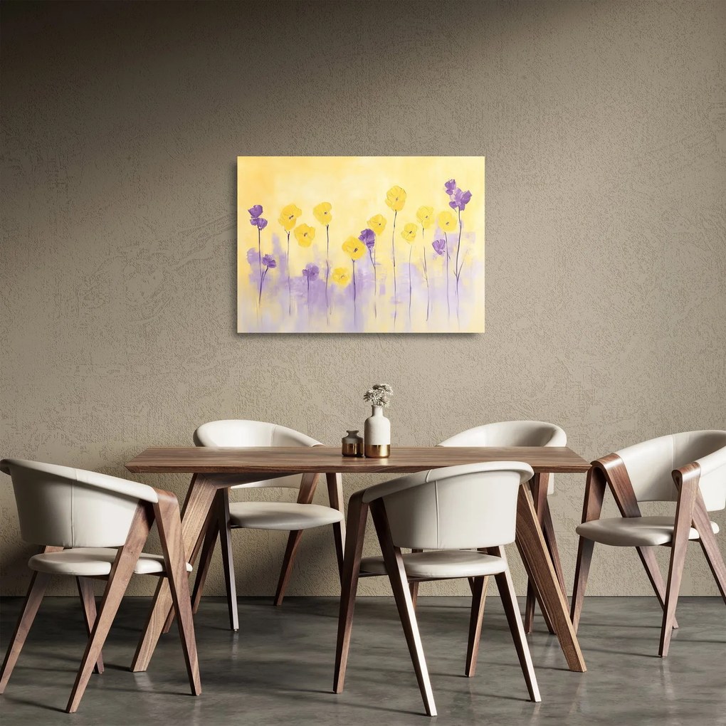 Tablou pe sticlă - Flori mov și galbene (70x50 cm)