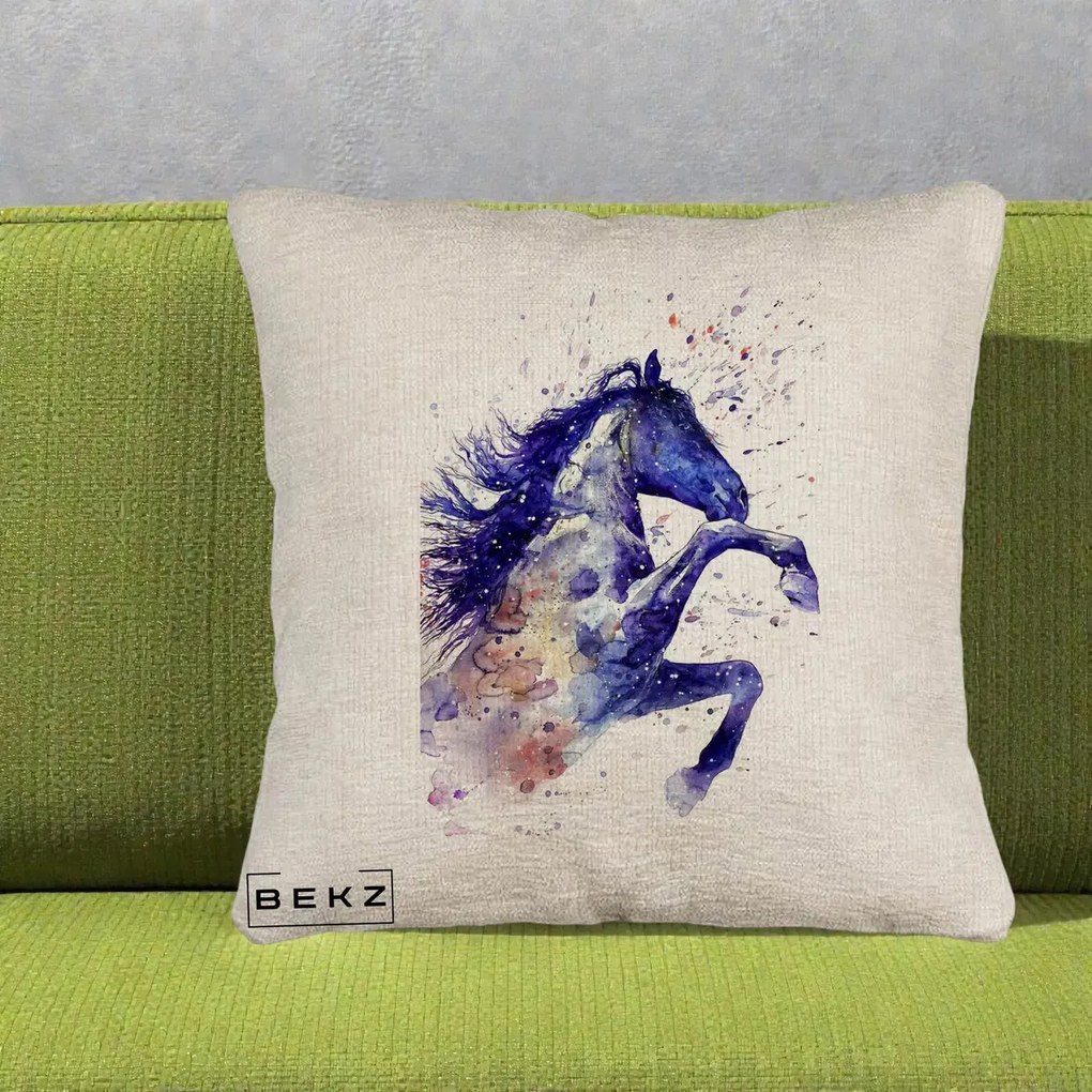 Perna Decorativa Cal Albastru Acuarela, 40x40 cm, Bej Canapea, Husa Detasabila, Perna Inclusa, BEKZ®