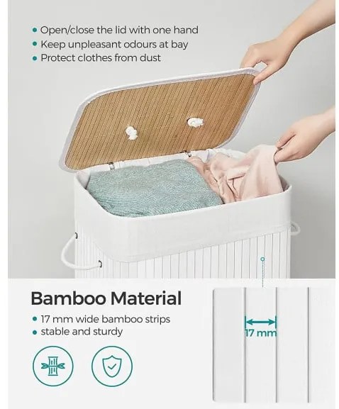 Cos De Rufe Cu 3 Manere Din Bambus, Pliabil, Alb, 40 Cm
