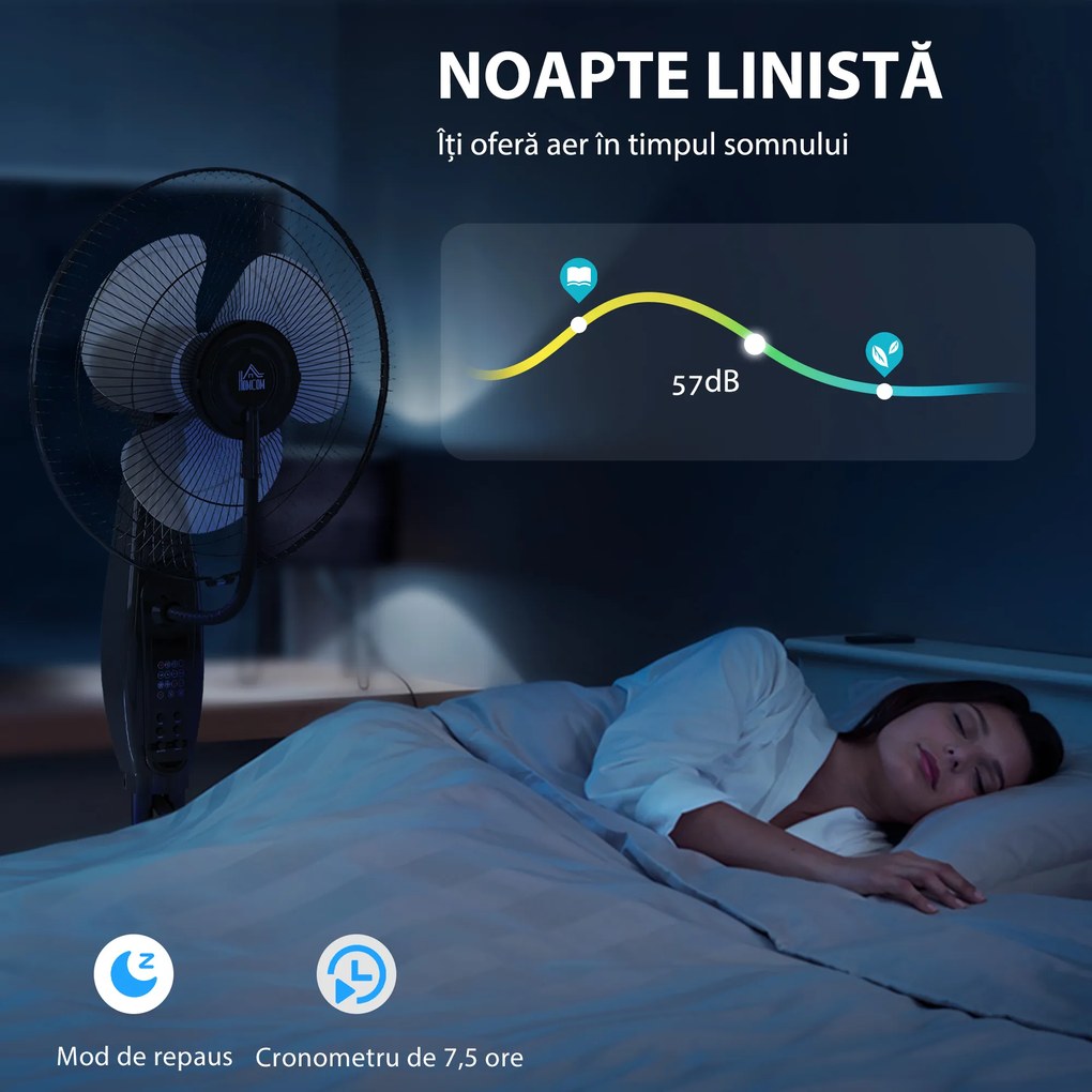 HOMCOM Ventilator cu Nebulizator și Rezervor 3,2L, 3 Moduri și 3 Viteze, Ventilator cu Oscilație 70°, Înclinare 10°, Temporizator 7,5h, Telecomandă, 75W, 120cm | Aosom Romania