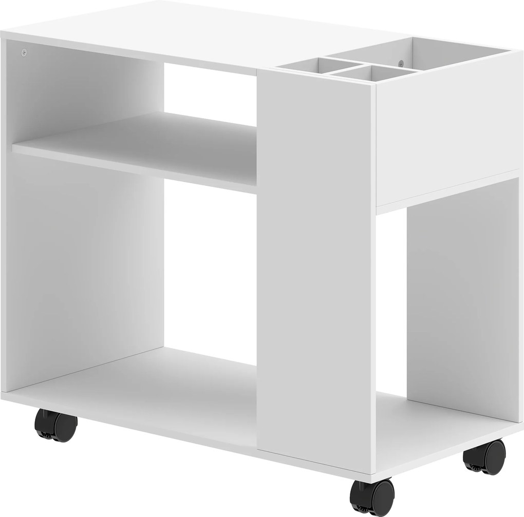 HOMCOM Dulap pentru Imprimantă cu Roți, Dulap Multifuncțional cu Compartimente Deschise, Raft și Spațiu de Depozitare, Noptieră pentru Living, Cameră sau Birou, 70x36x60 cm, Alb | Aosom Romania