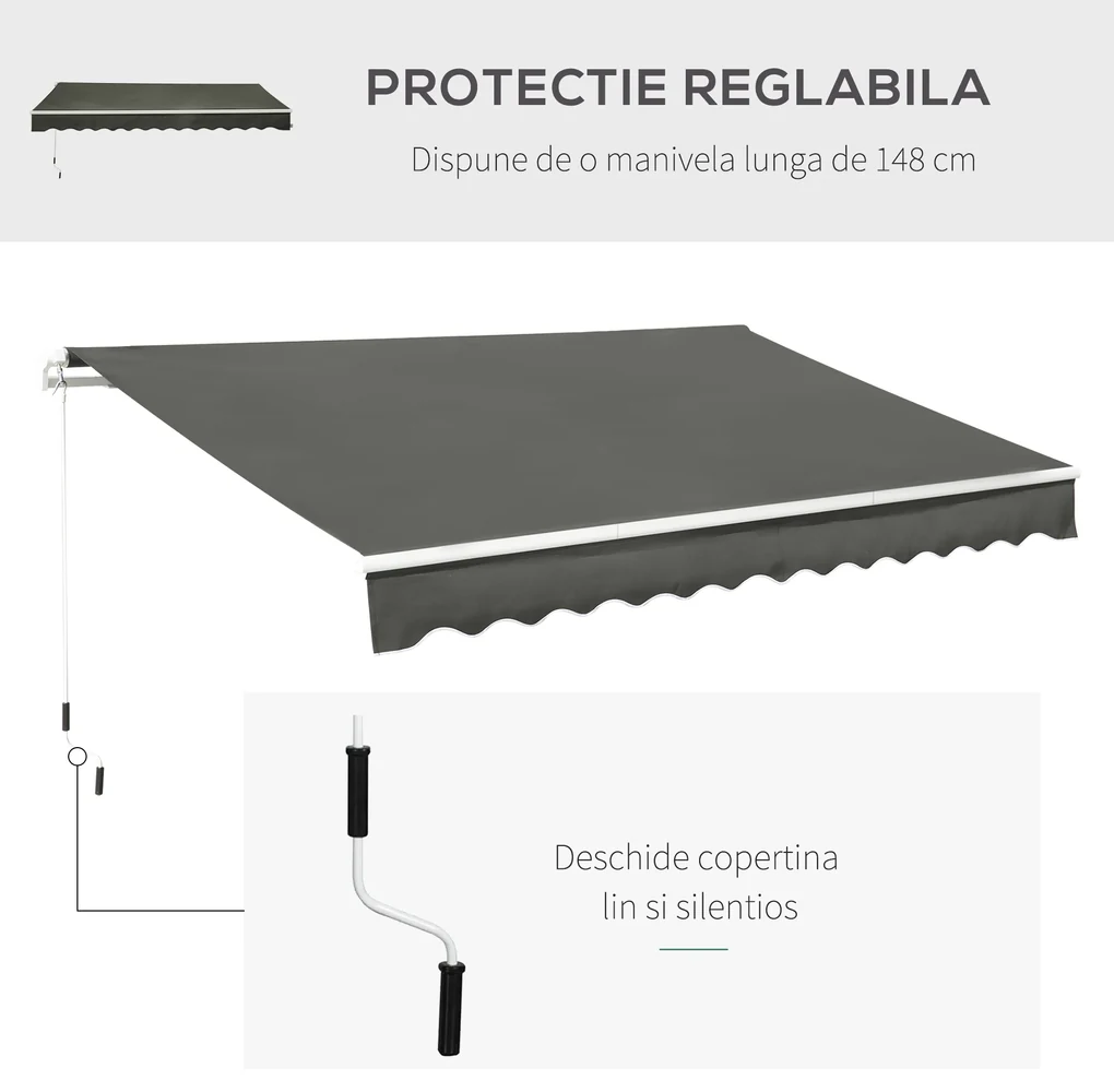 Outsunny Copertina Soare de Exterior cu Brate 3.5x2.5m Reglare cu Manivela, Metal si Poliester Gri
