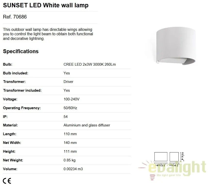 Aplica de perete LED exterior IP54 stil decorativ SUNSET alba 70686