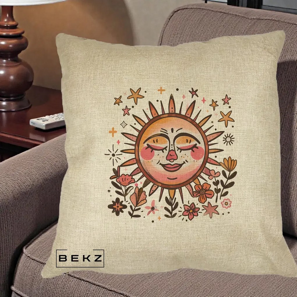 Perna Decorativa Soare Retro Boho Floral, 40x40 cm, Crem, Husa Detasabila, Perna Inclusa, BEKZ®