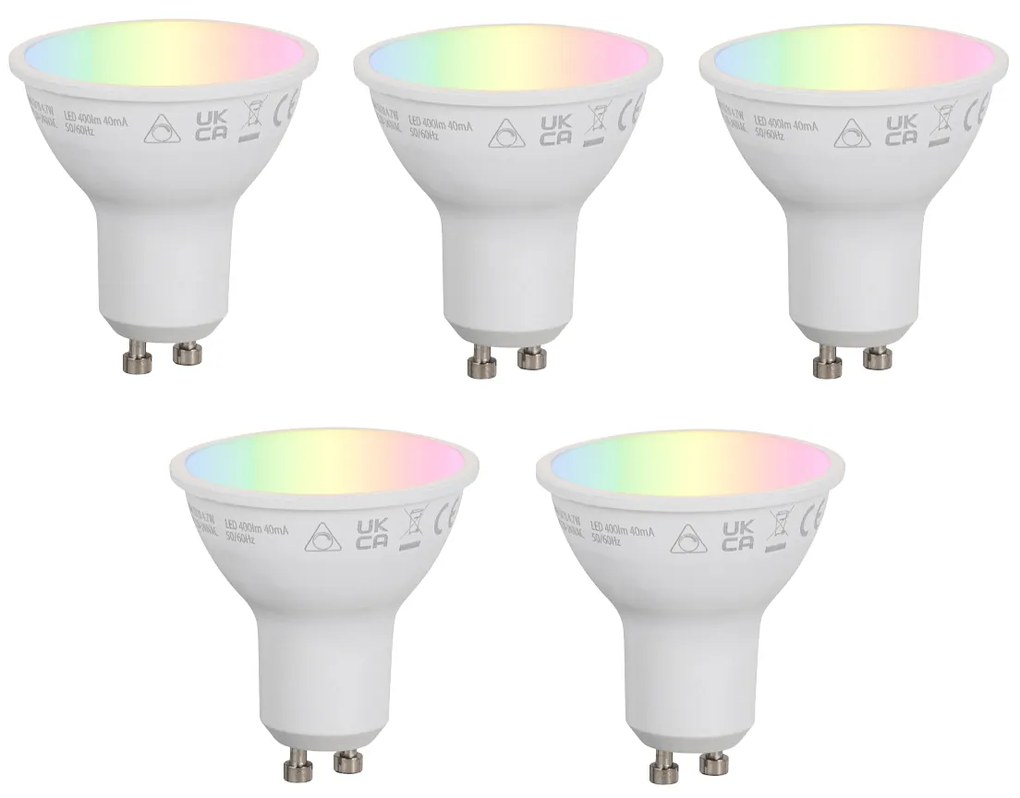 Set de 5 becuri LED inteligente GU10 50mm, reglabile, opale, RGBW, 4.7W, 400 lm, 2700-6500K, Zigbee