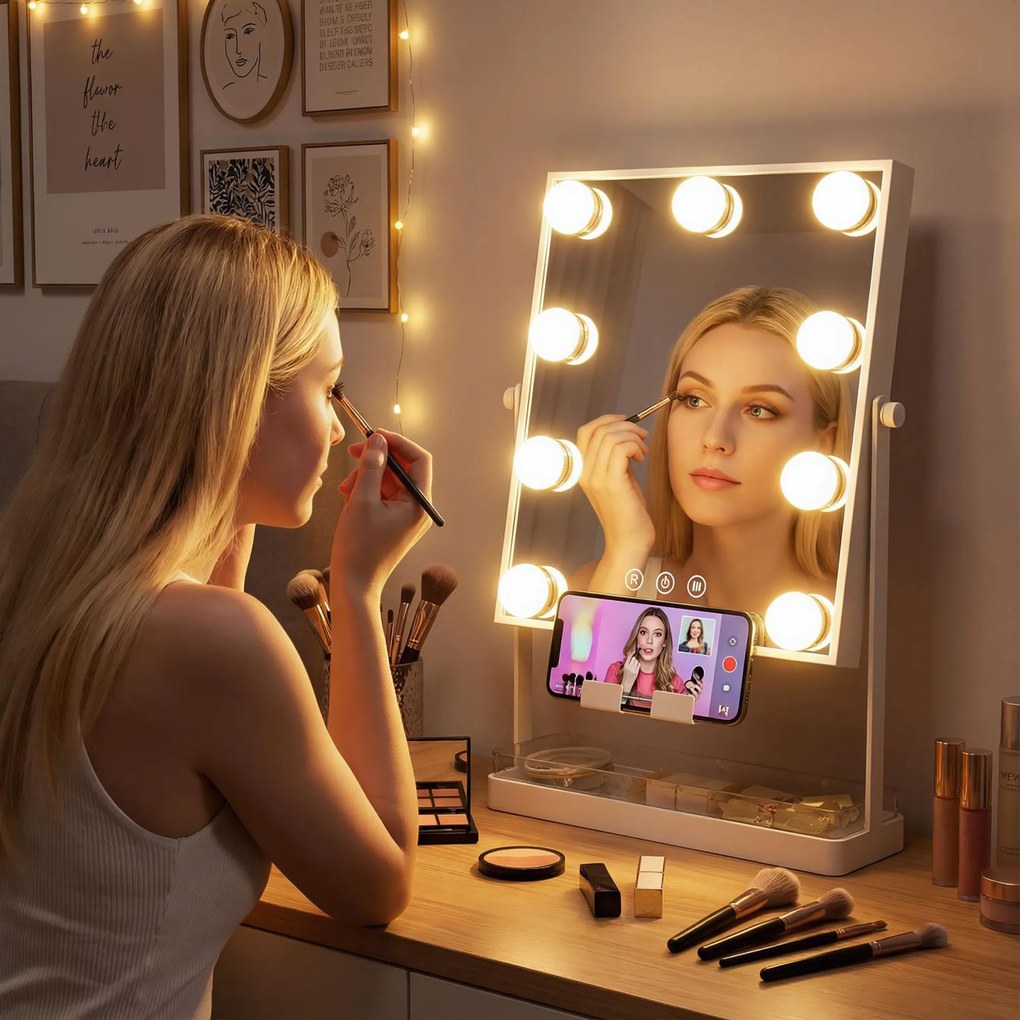 HOMCOM Hollywood Oglindă de machiaj cu lumină 9 becuri LED 3 culori comutator tactil suport pentru telefon Alb | Aosom Romania