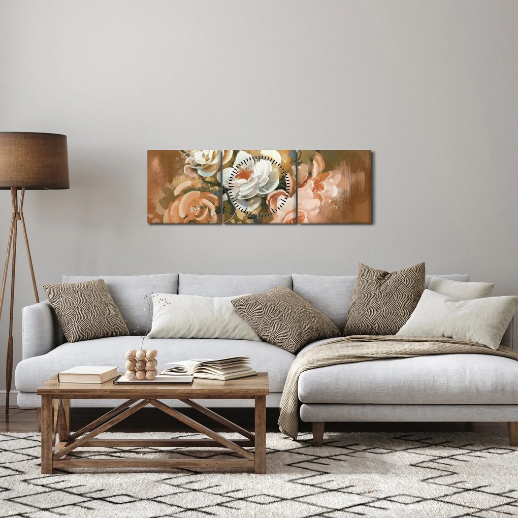 Tablou -Buchet de flori pictat (cu ceas) (90x30 cm)
