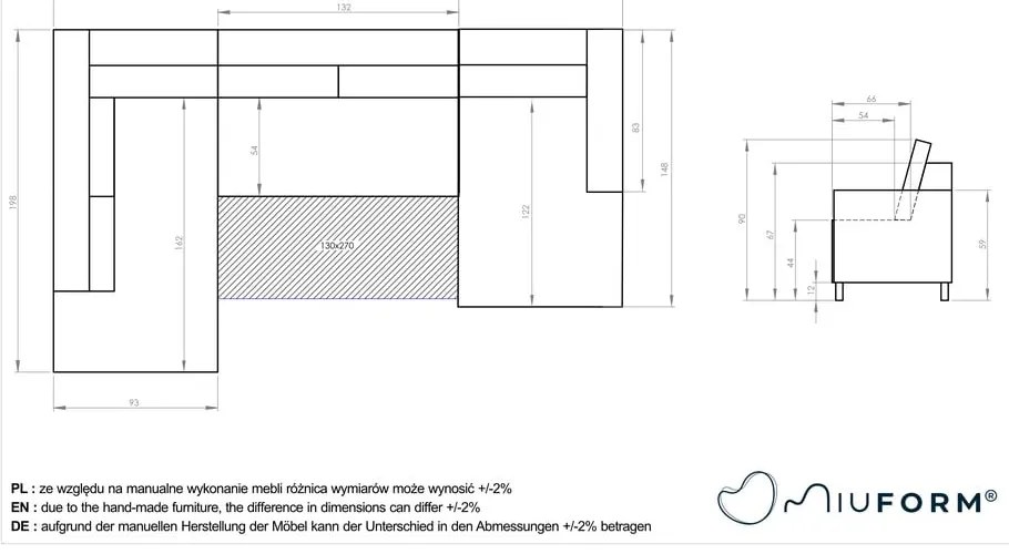 Canapea extensibilă din catifea în formă de „U” cu șezlong pe partea stângă Miuform Stylish Stan, albastru deschis