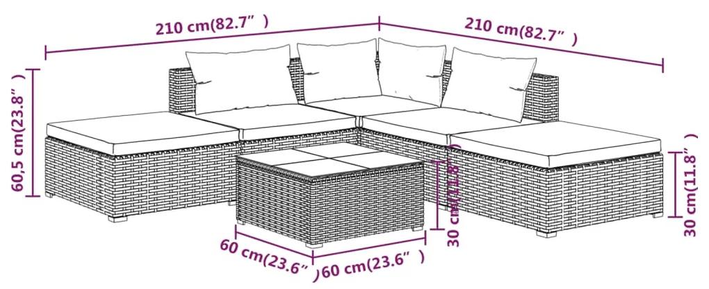 Set mobilier de gradina cu perne, 6 piese, gri, poliratan gri si antracit, colt + 2x mijloc + 2x suport pentru picioare + masa, 1