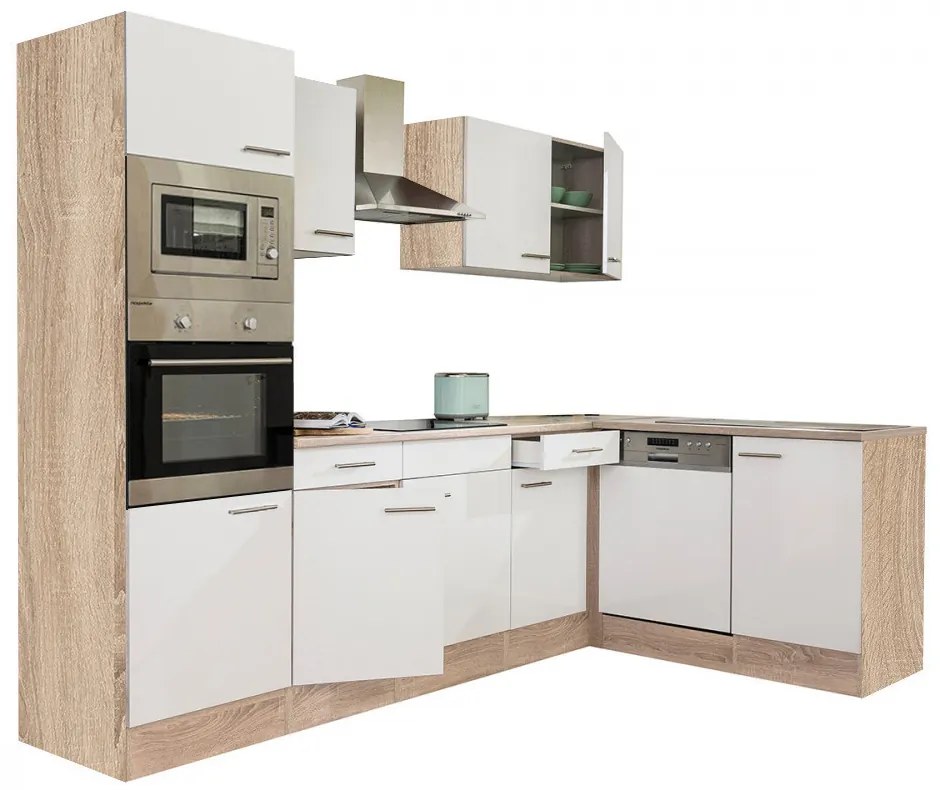 Mobilă de bucătărie Yorki 280 cu corp din stejar Sonoma și față alb satinat