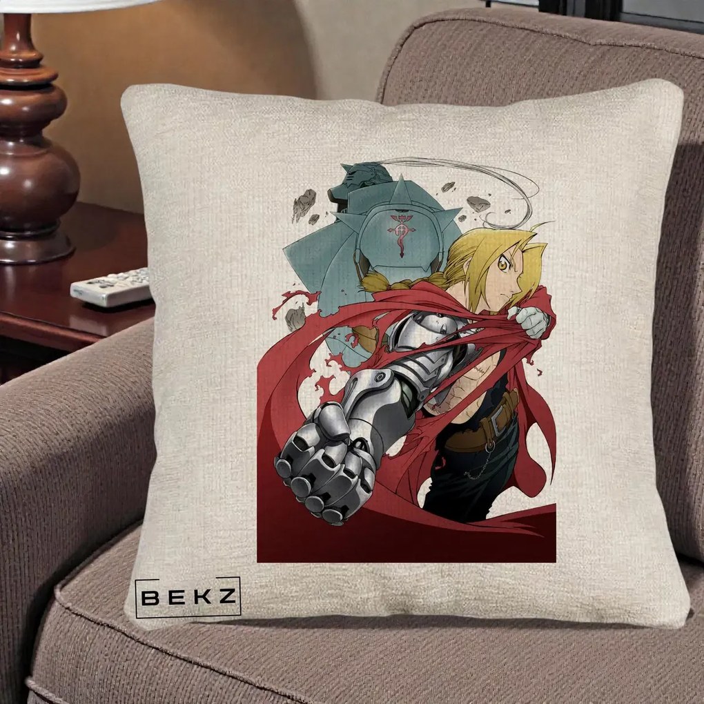 Perna Personalizata Fullmetal Alchemist Brotherhood Edward si Al Poster, 40x40 cm, Bej Canapea, Husa Detasabila, Perna Inclusa, BEKZ®