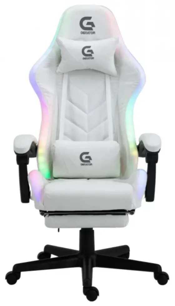 Scaun gaming, boxe Bluetooth, sistem iluminare bandă LED RGB, masaj în perna lombară, suport picioare, Alb