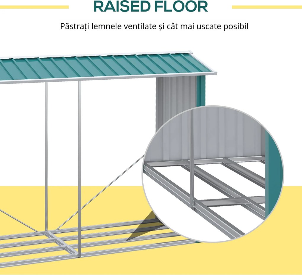 Outsunny Magazie de Depozitare a Buștenilor, Casă pentru Lemne de Foc din Otel Galvanizat cu Podea Înălțată, 240x86x160 cm, Verde | Aosom Romania