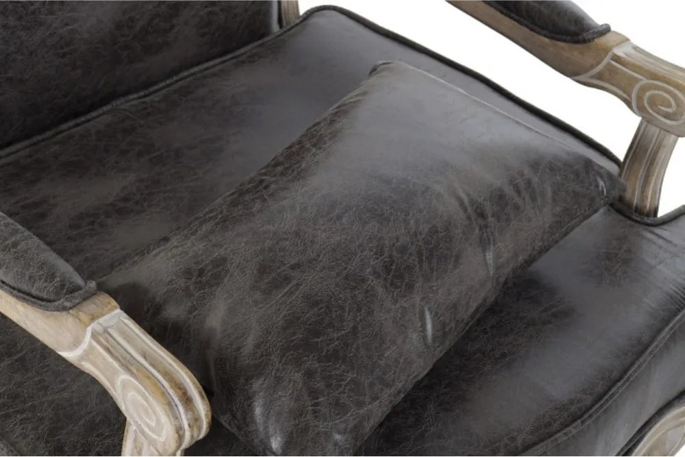 Fotoliu clasic maro din piele ecologică cu aspect vintage, cadru din lemn de cauciuc, stil Louis XV, 70 x 66 x 94 cm, „Lavigne”