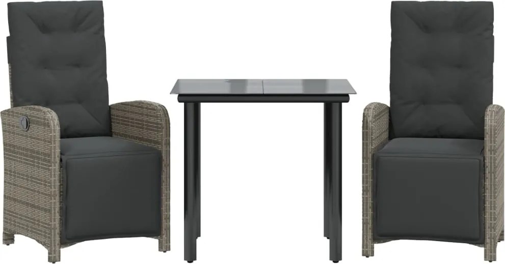 vidaXL Set bistro de grădină cu perne, 3 piese, gri, poliratan