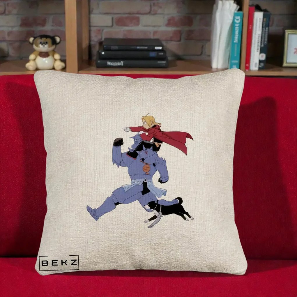 Perna Personalizata Fullmetal Alchemist Edward si Alphonse, 40x40 cm, Bej Canapea, Husa Detasabila, Perna Inclusa, BEKZ®