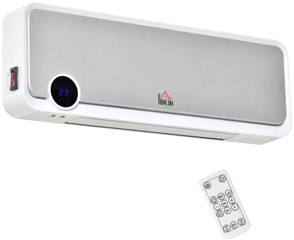 HOMCOM Aerotermă de Perete cu 3 Moduri, Timer 12h și Oscilație 30°, 56x18,5x11,7 cm, Argintiu | Aosom Romania