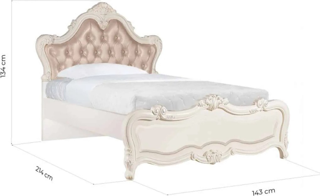 Pat lemn masiv Tapițat Crown Paris 120x200cm Ecru/Beige - Cu somieră