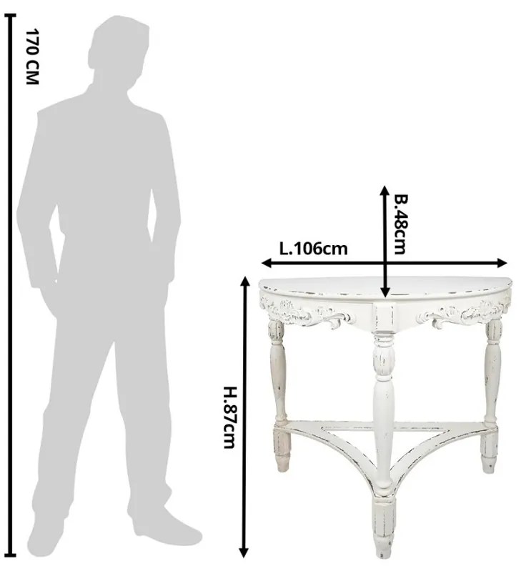 Consolă shabby chic, alb, cu ornamente sculptate în lemn, Agatha