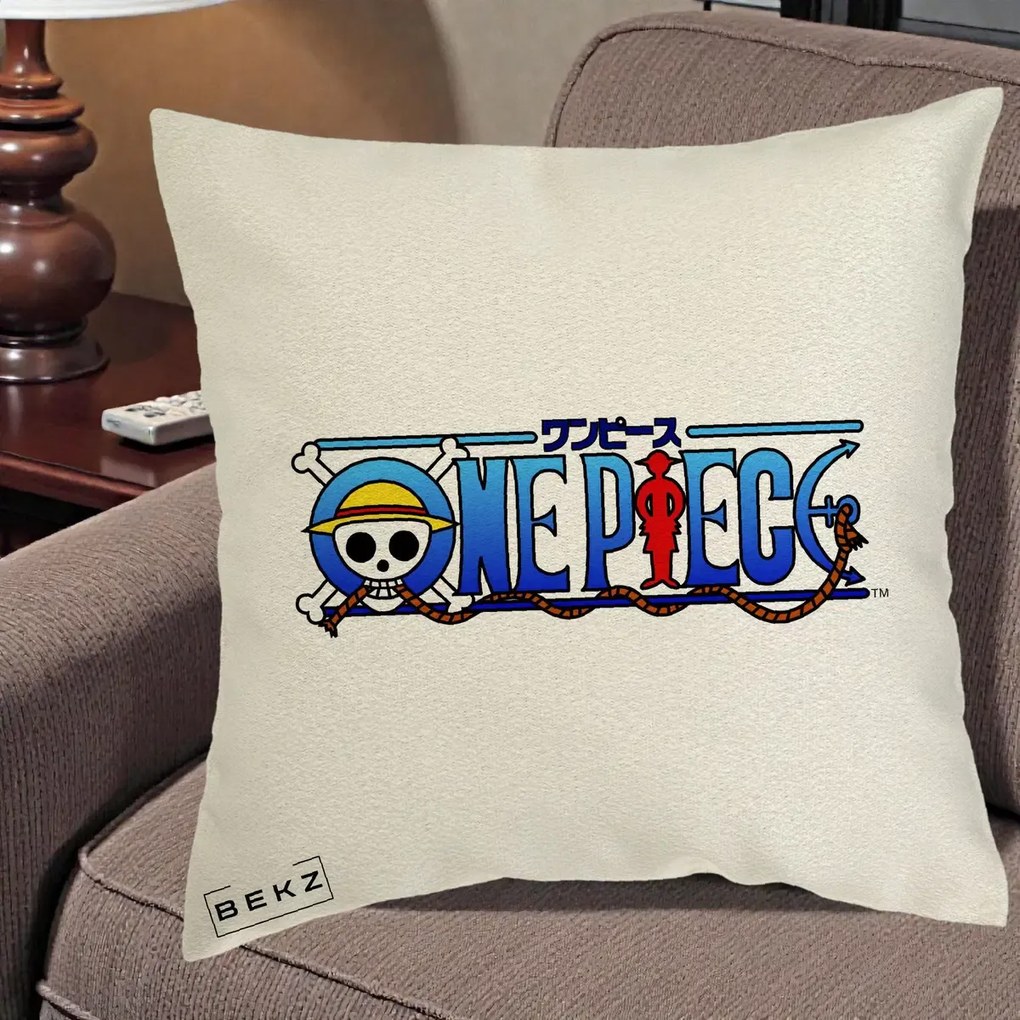 Perna Personalizata One Piece Clasic Albastru, 40x40 cm, Ecru, Husa Detasabila, Perna Inclusa, BEKZ®