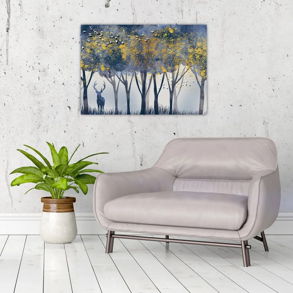 Tablou pe sticlă cerbul în pădure (70x50 cm)