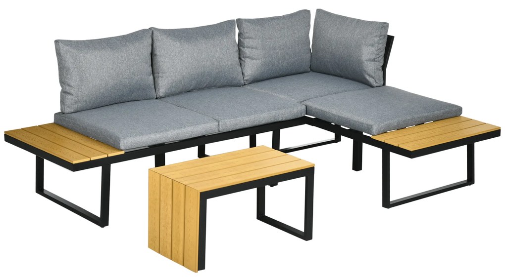 Outsunny Set de Mobilier de Grădină pentru 3 Persoane cu Perne de Ședere, Cadru din Aluminiu, Aspect de Lemn, Gri închis+Natur | Aosom Romania