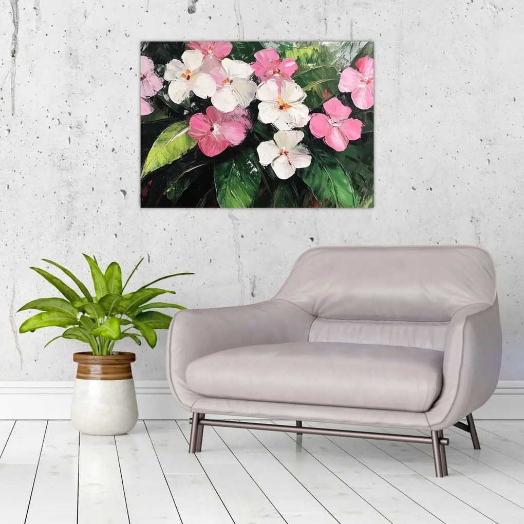 Tablou pe sticlă - Flori roz și albe (70x50 cm)