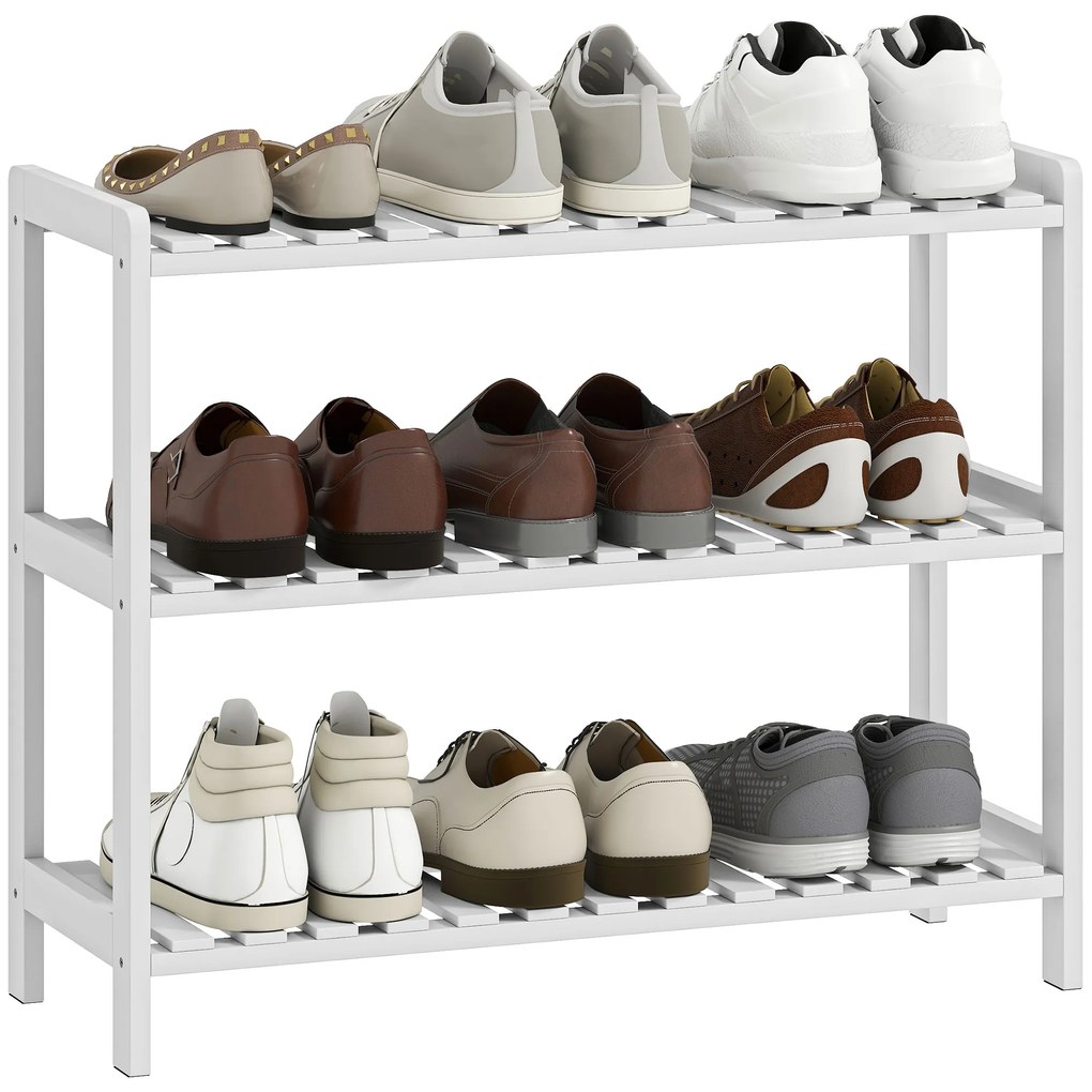 HOMCOM Etajeră pentru încălțăminte, suport pentru pantofi 3 niveluri, rafturi cu lamele, din lemn de pin, 70 x 26 x 57,5 cm, alb | Aosom Romania