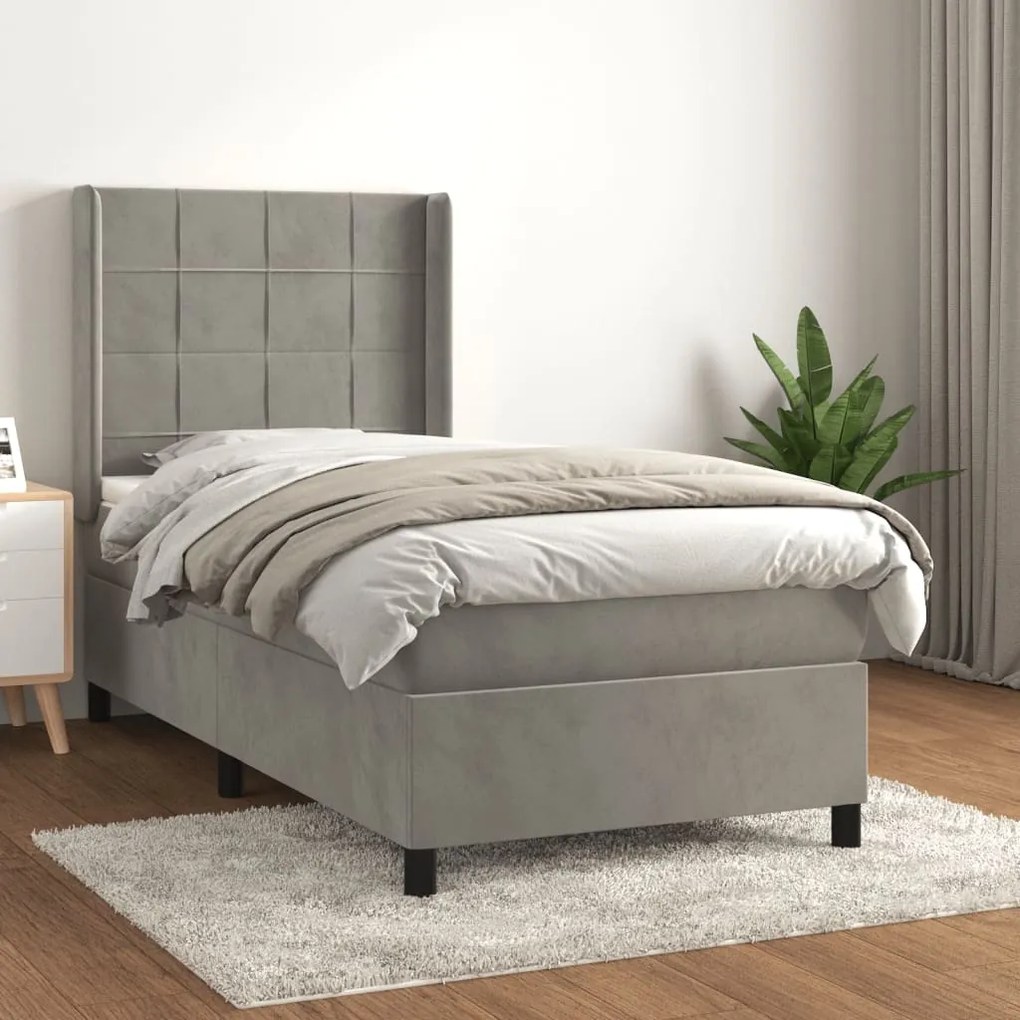 3132651 vidaXL Pat box spring cu saltea, gri deschis, 90x190 cm, catifea