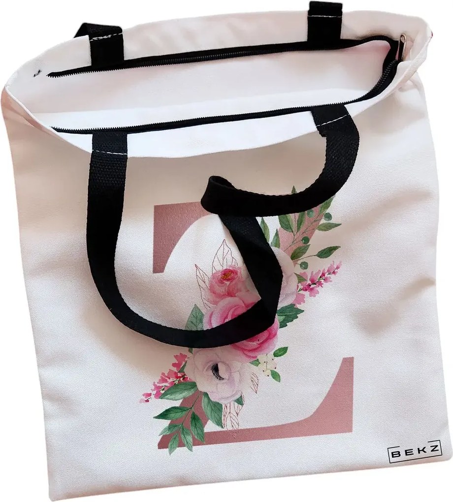Sacosa de Panza pentru Cumparaturi, Geanta Tote, Cu litera Z Rose Gold si Trandafiri, Cu fermoar, 38x34.5 cm, Alba, BEKZ®